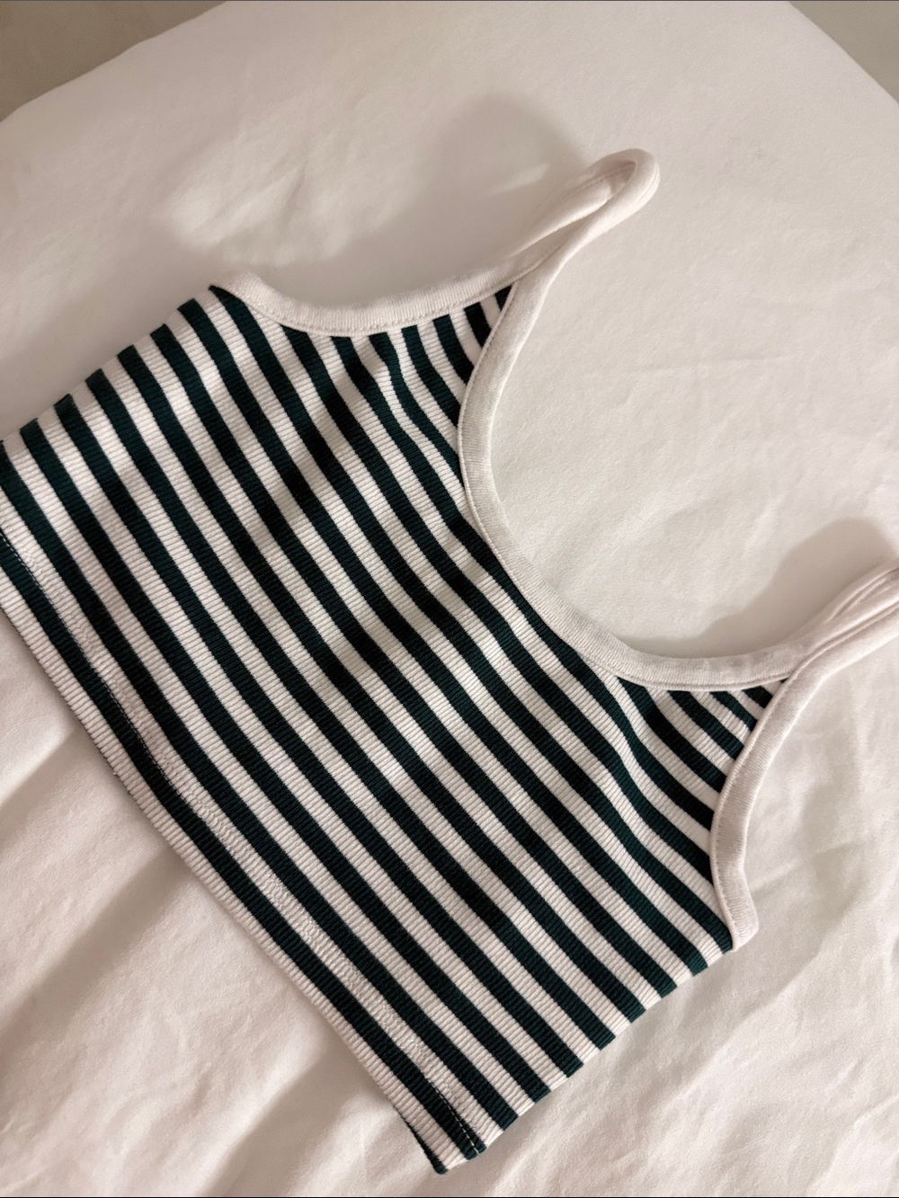 Striped Dark Green & White Ribbed Crop Tank Top
